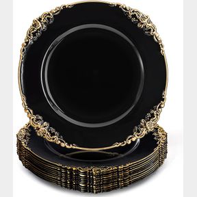 OKLLEN 12 PACK PLASTIC ROUND CHARGER PLATES, 13" DINNER CHARGER DESSERT PLATES WITH GOLD RIM, VINTAGE CHARGER SERVING PLATES FOR C