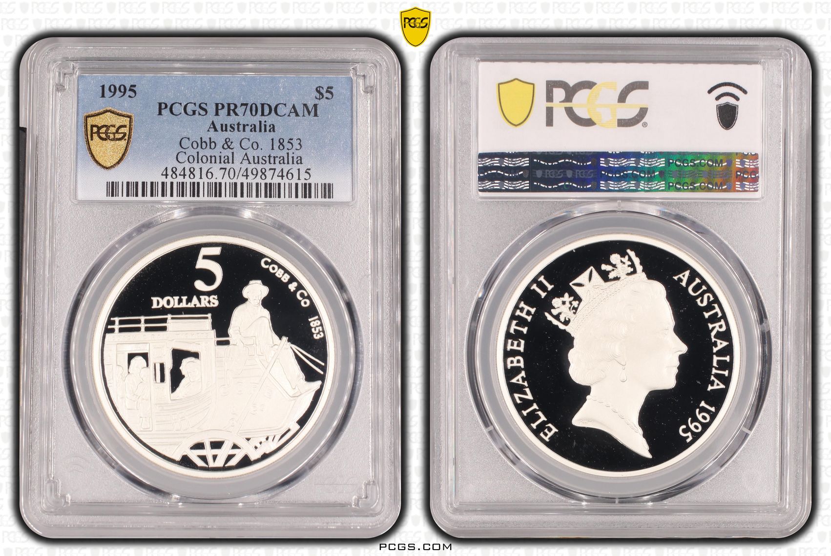 Cobb & Co. 1853 - Colonial Australia POP 16/0, Five Dollar, 1995, PCGS PR70DCAM