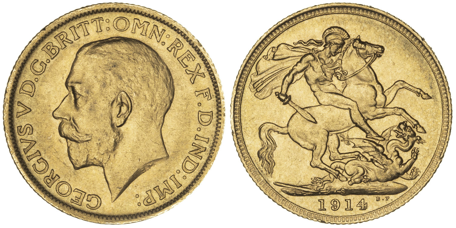 George V, St George Reverse, Sovereign, 1914-S, EF