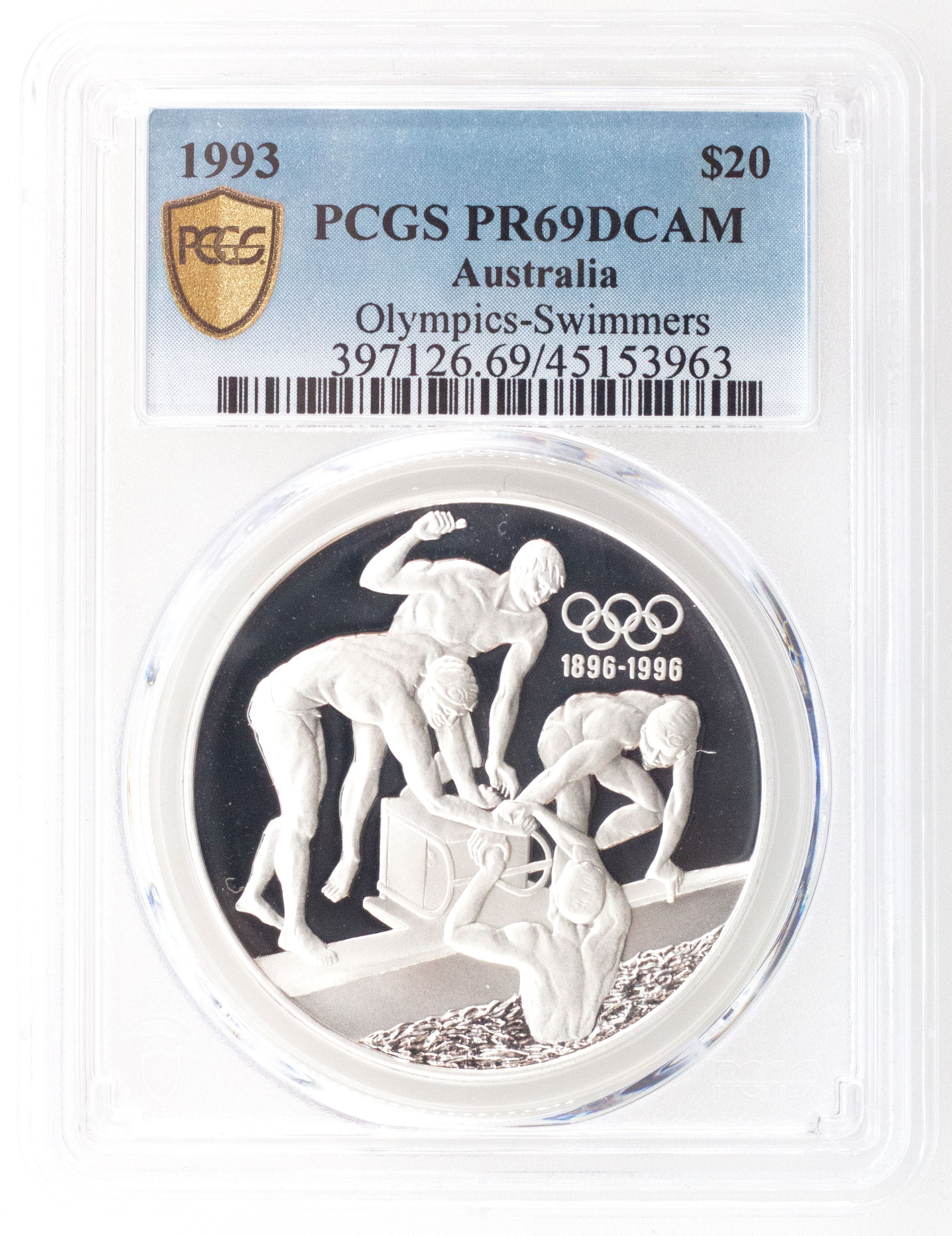 1993 Australia Twenty Dollar, $20 Silver Olympics-Swimmers PCGS - PR69DCAM -963