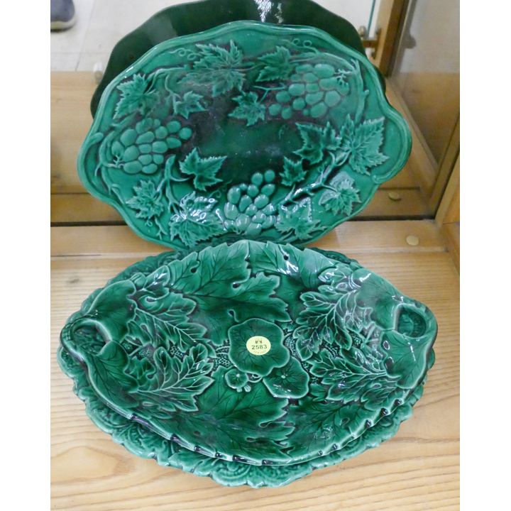 3pc Antique majolica Green Small Servers- 11''- one with repair