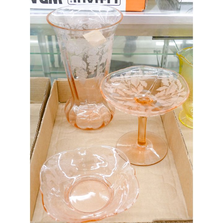 Box 3pc Vintage Pink Floral Etched Glass Vase etc.