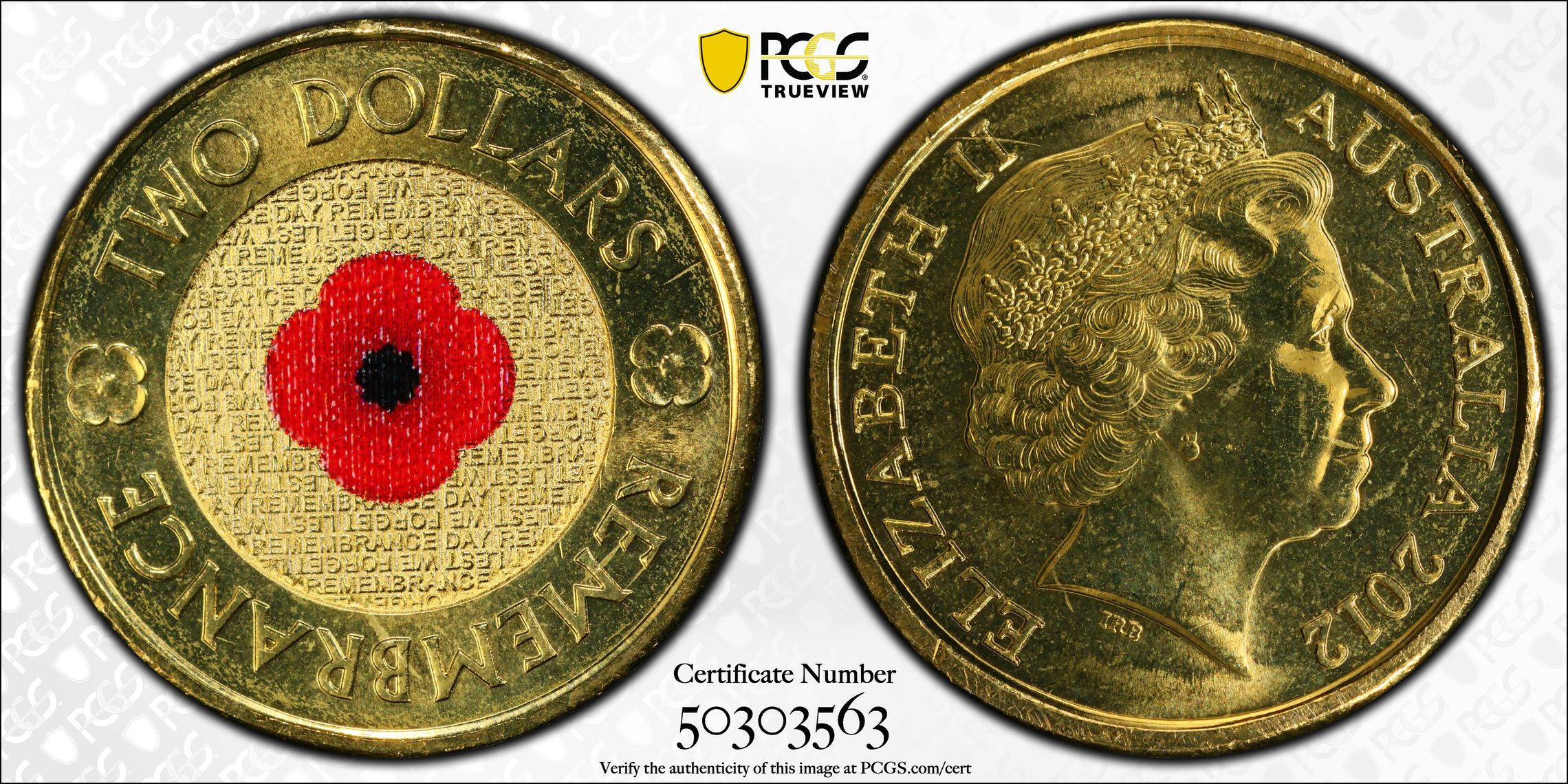 387 · Elizabeth II, Remembrance Day - Red Poppy, Two Dollar, 2012, PCGS MS66
