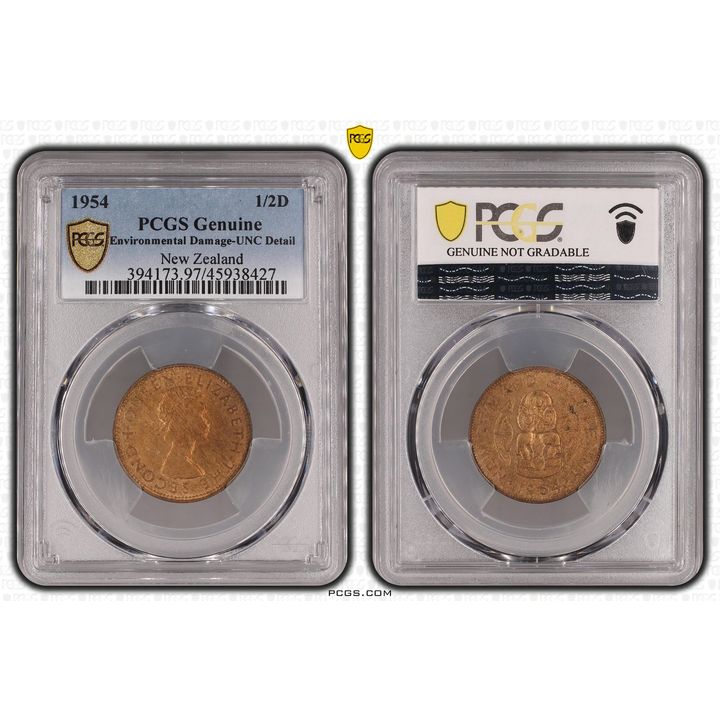 1954 New Zealand Half Penny PCGS - Genuine - UNC Details (97 - Environmental Damage) -427