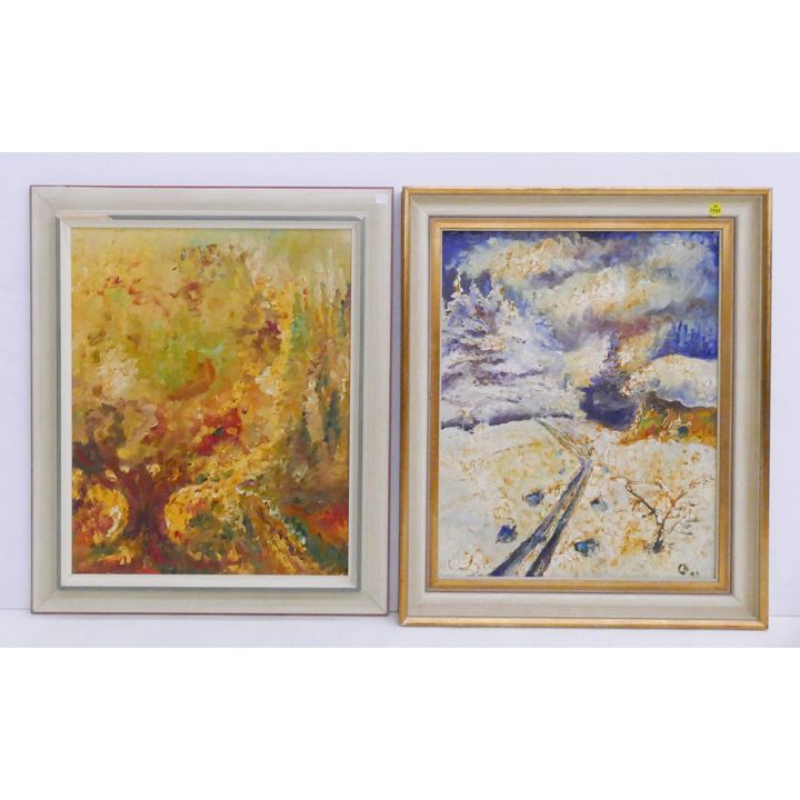 2pc Oskar Kokoschka Attributed Modern Abstract Landscape Oil Paintings Framed- 23x19'' each
