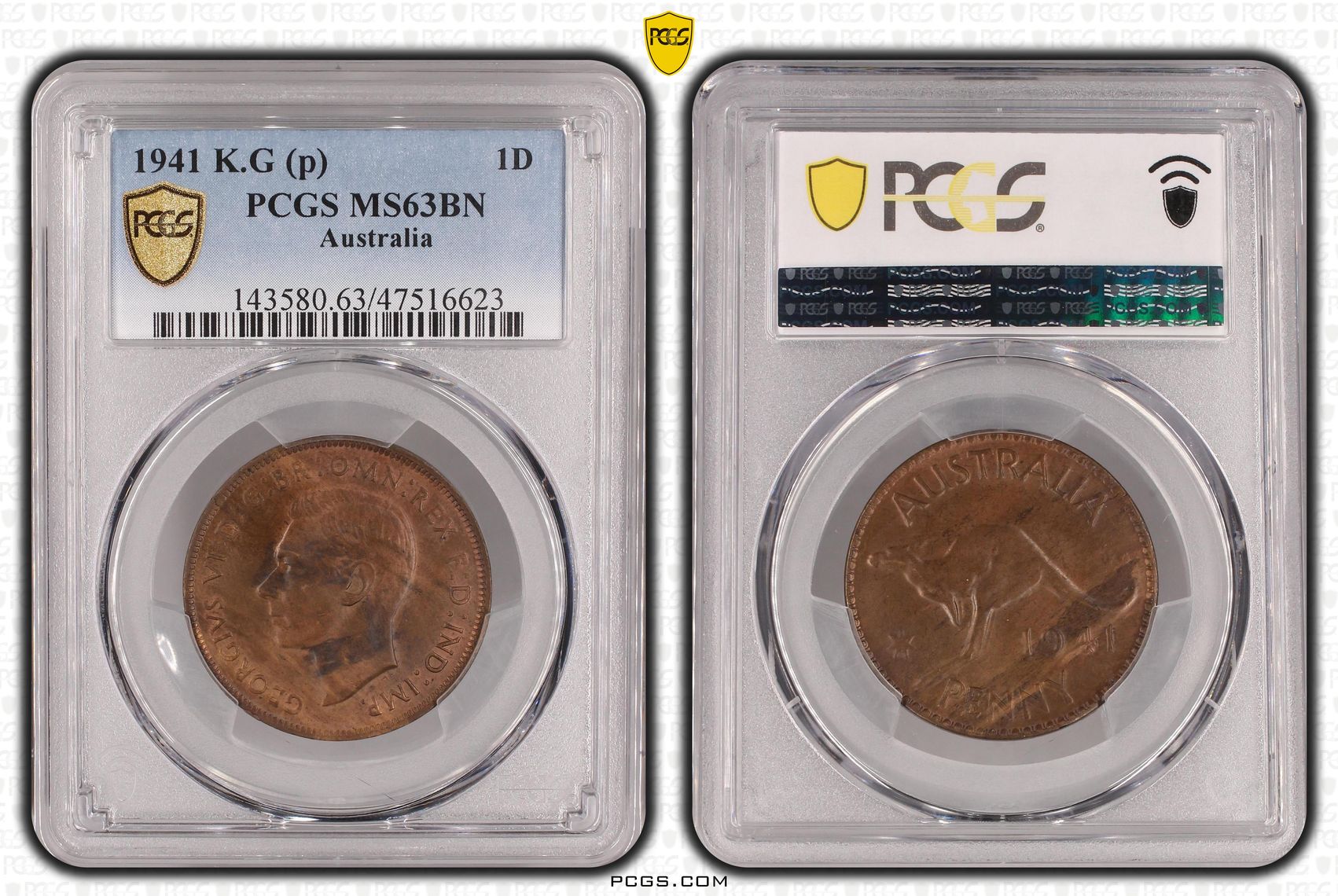 George VI, Penny, 1941-K.G, PCGS MS63BN