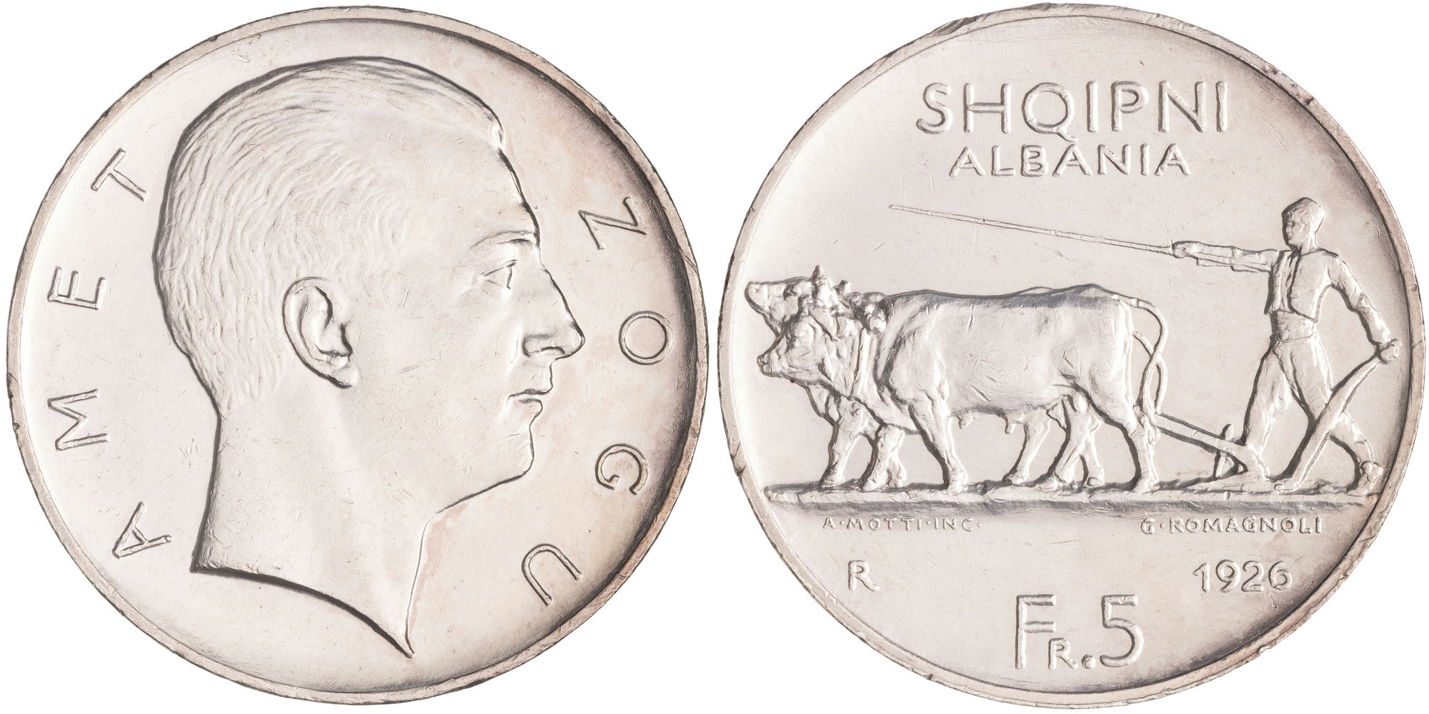 Albania, Zog I, Five Franga Ari, 1926-R, gEF