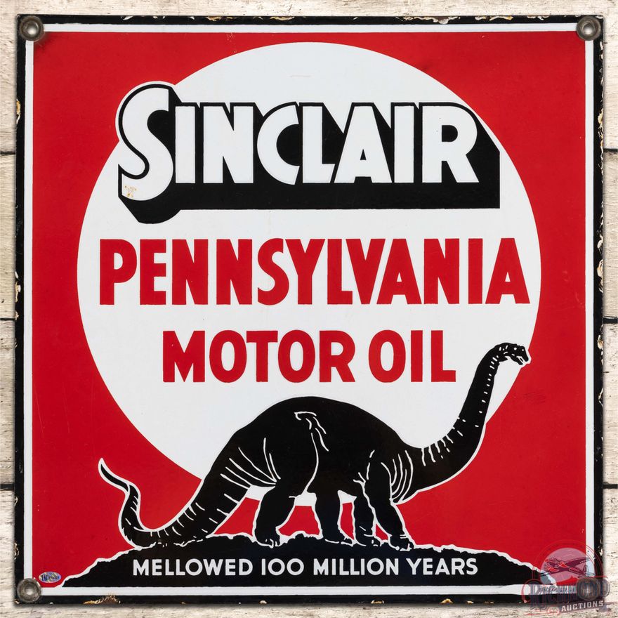 RARE Sinclair Pennsylvania Motor Oil 20" Mellowed 100 Million Years SSP Sign w/ Black Standing Dino