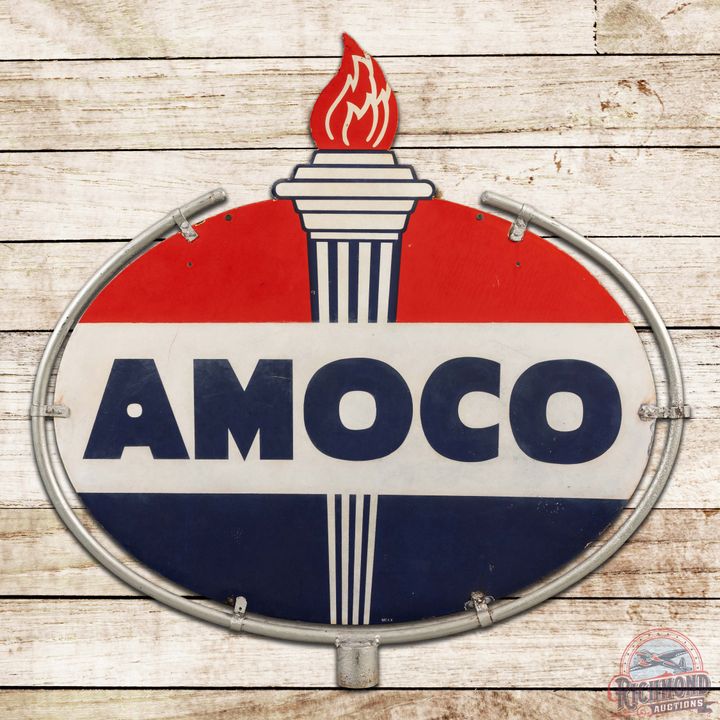 Amoco Gasoline 4' Double Sided Porcelain Die Cut Sign w/ Frame