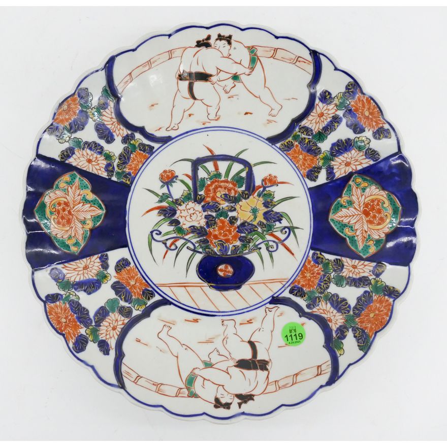 Meiji Japanese Imari Scalloped Charger with Sumo Wrestlers- 12''