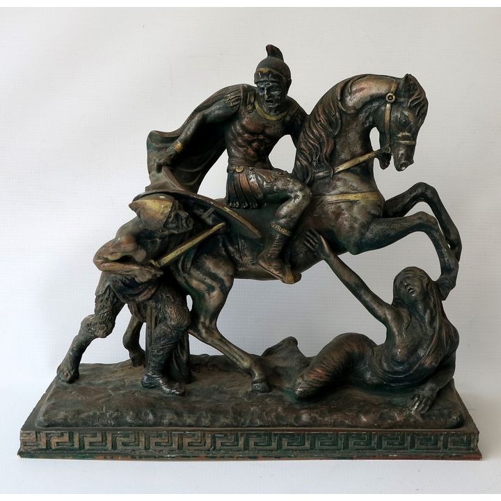 SPELTER FIGURE OF A WARRIOR ON HORSEBACK