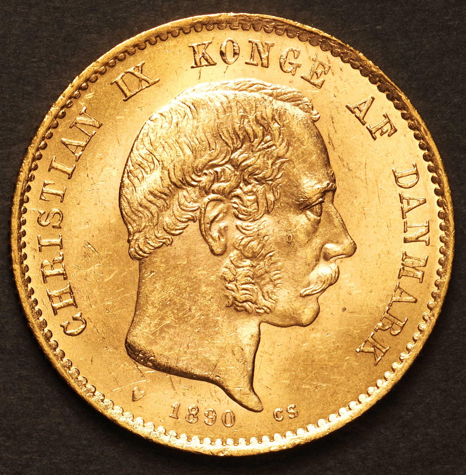 デンマーク-Denmark. クリスチャン9世像 20クローネ金貨 1890年 KM791