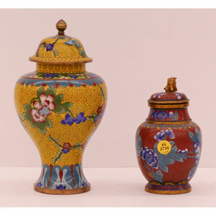 2pc Old Chinese Cloisonne Covered Jars- 6'' and 9.5''