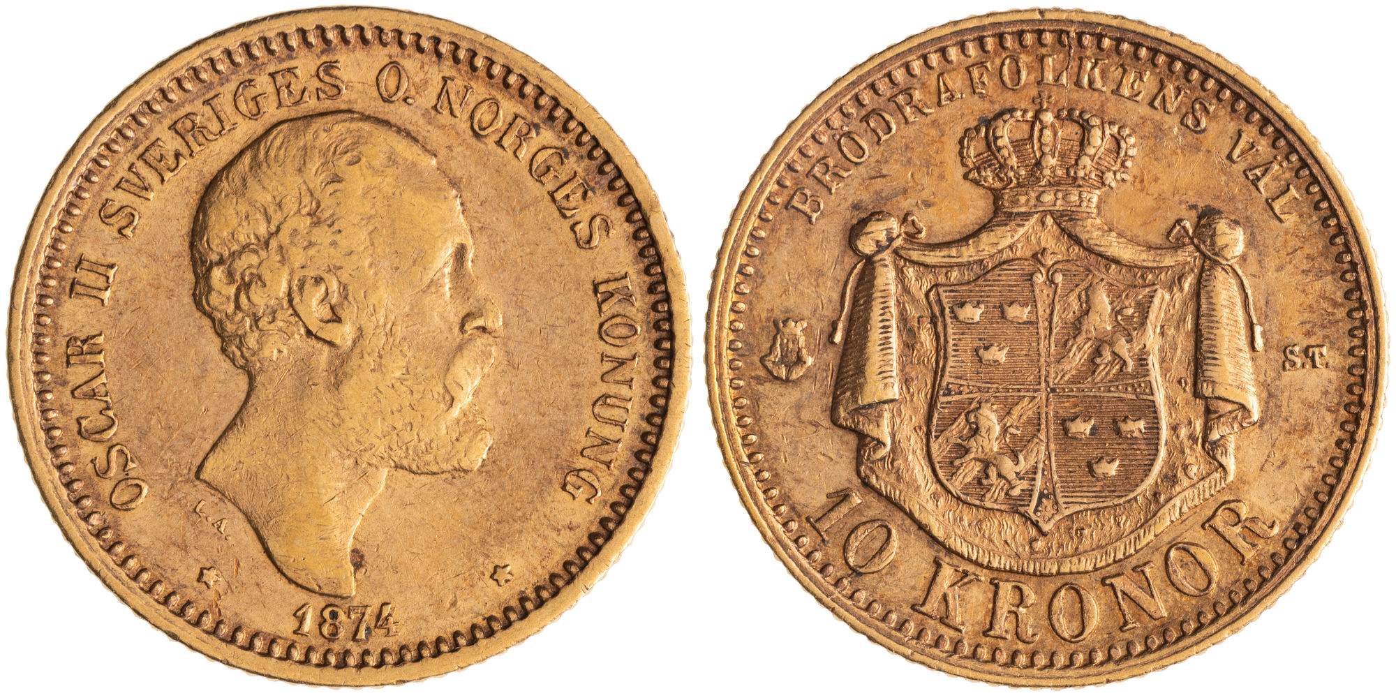 Sweden, Oscar II, Ten Kroner, 1874, gVF