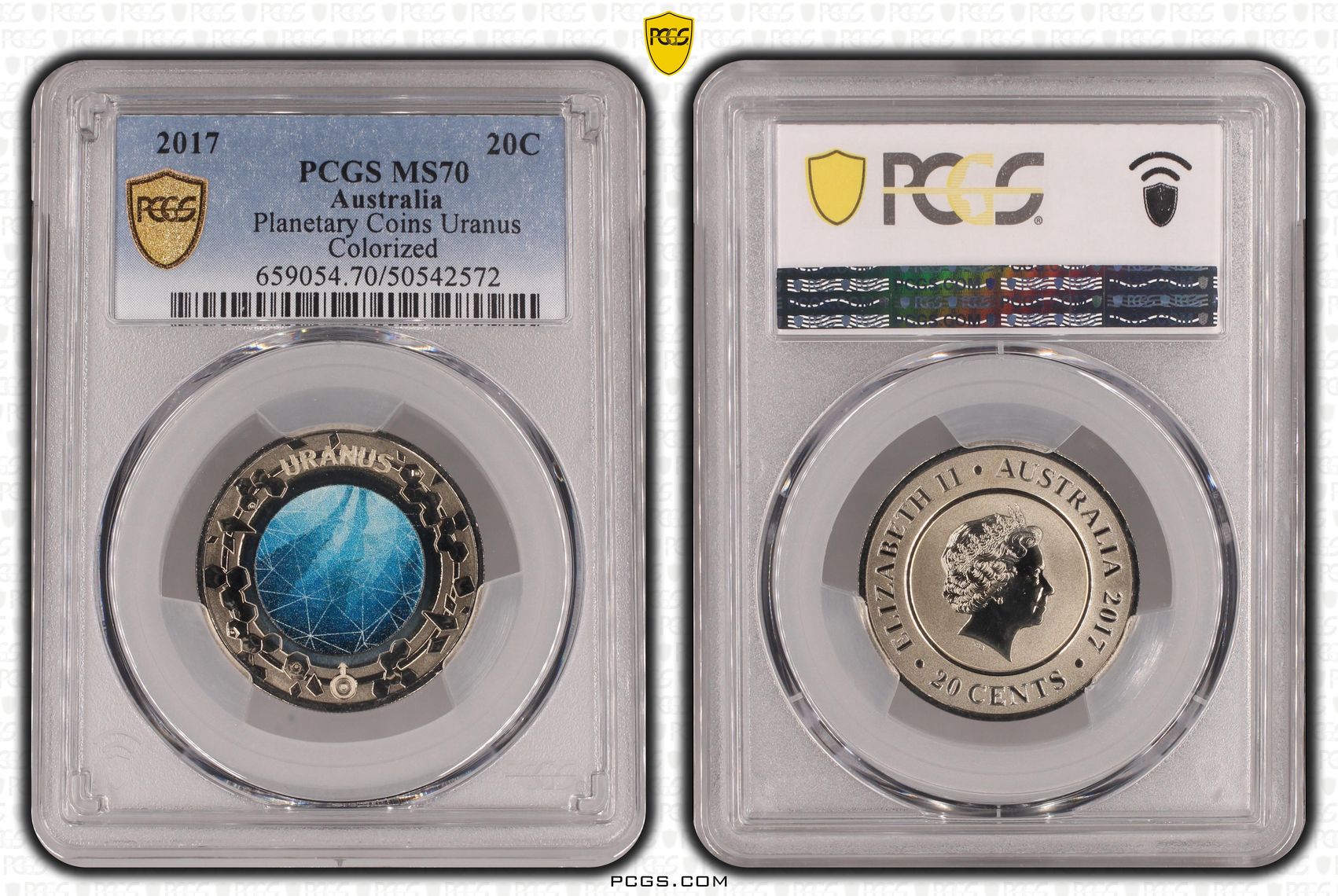 Planetary Coins Uranus Colorized, Twenty Cent, 2017, PCGS MS70
