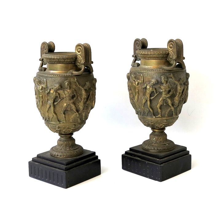 PAIR OF HEAVY CAST BRONZE TWO-HANDLED "TOWNLEY" URNS