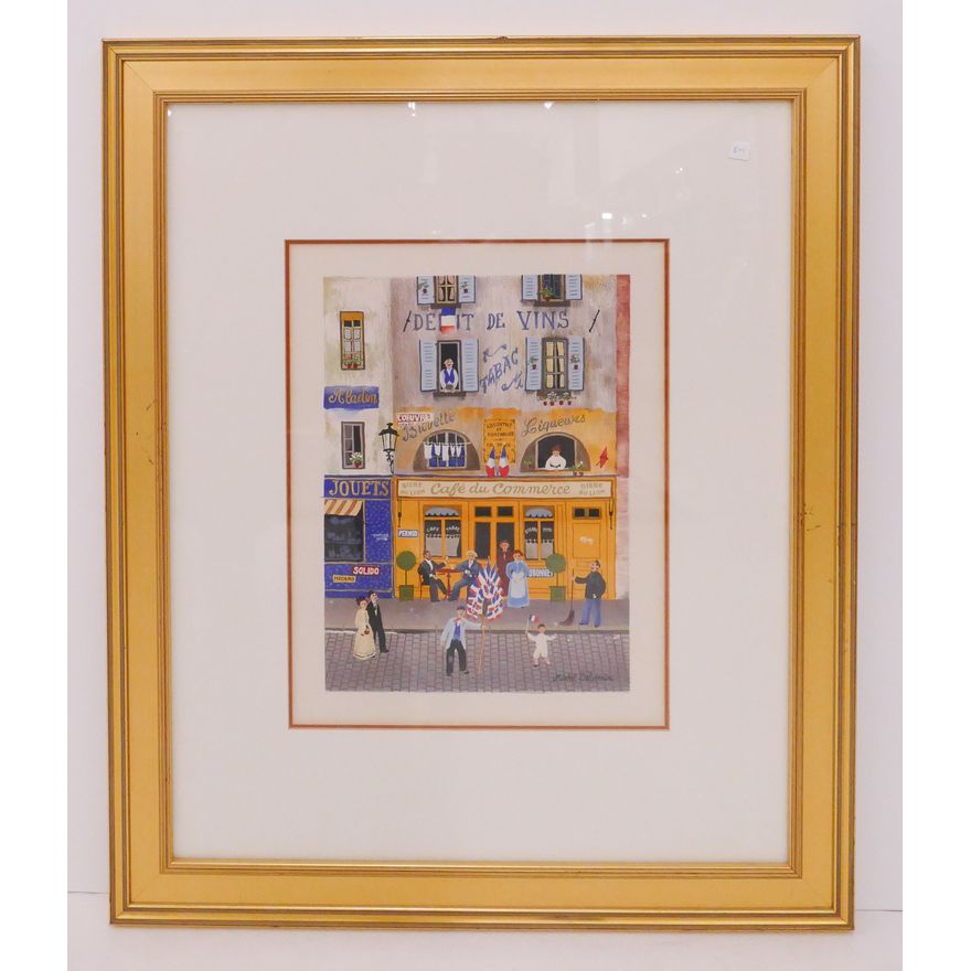 Michel Delacroix 'Cafe du Commerce' French Street Scene Lithograph Gallery Framed- 28x23''