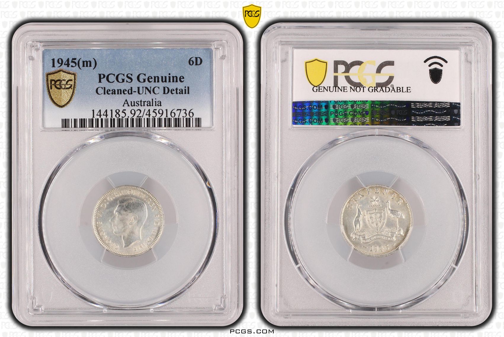 George VI, Sixpence, 1945(m), PCGS Genuine - UNC Details (92 - Cleaned)