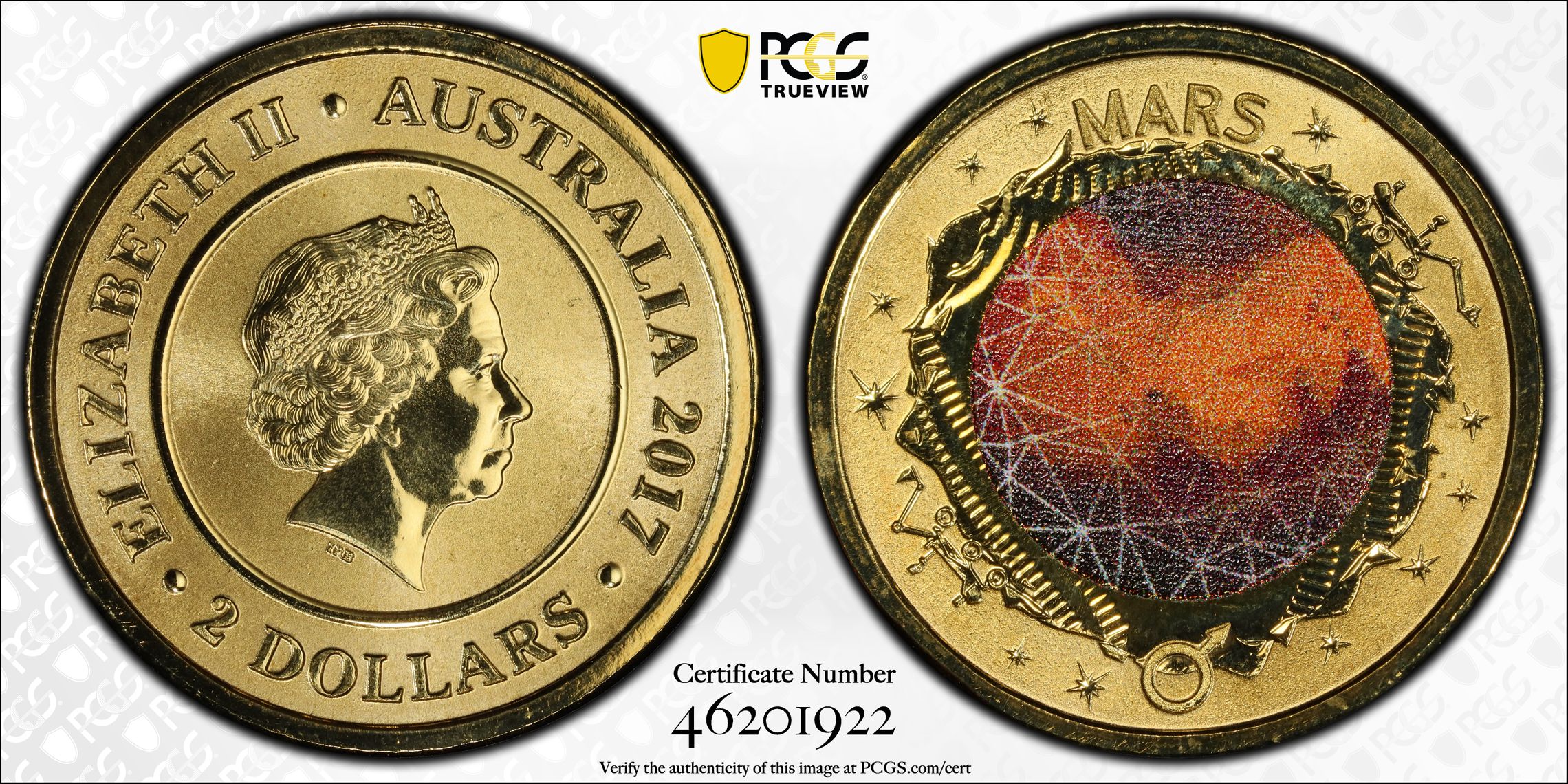 Planetary Coins Mars Colorized, Two Dollar, 2017, PCGS MS70