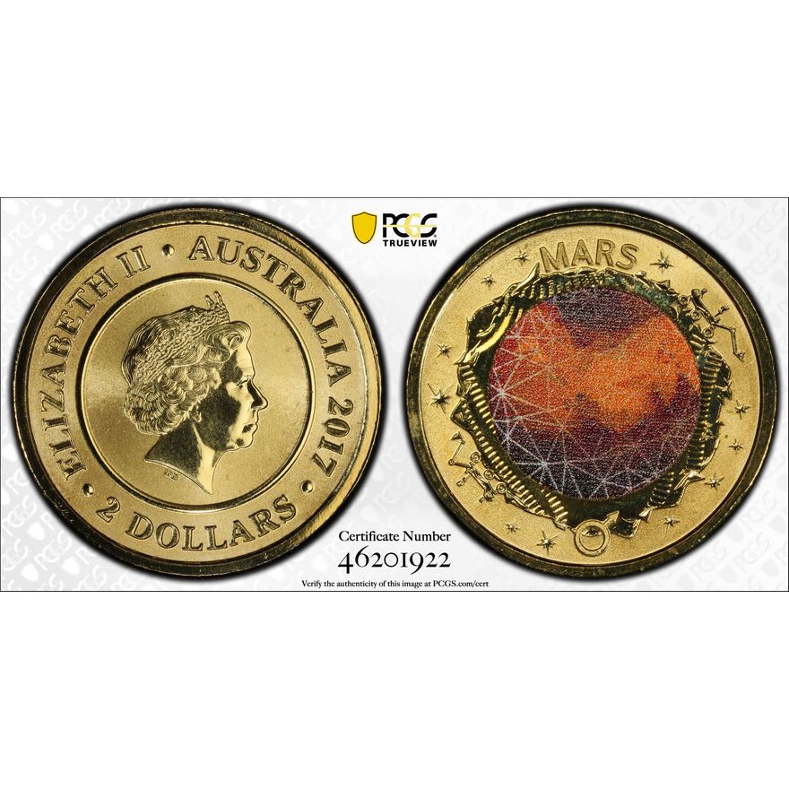 Planetary Coins Mars Colorized, Two Dollar, 2017, PCGS MS70