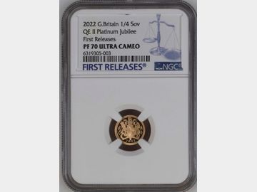 2022 ELIZABETH II 'PLATINUM JUBILEE' PROOF GOLD QUARTER SOVEREIGN PF70 UCAM