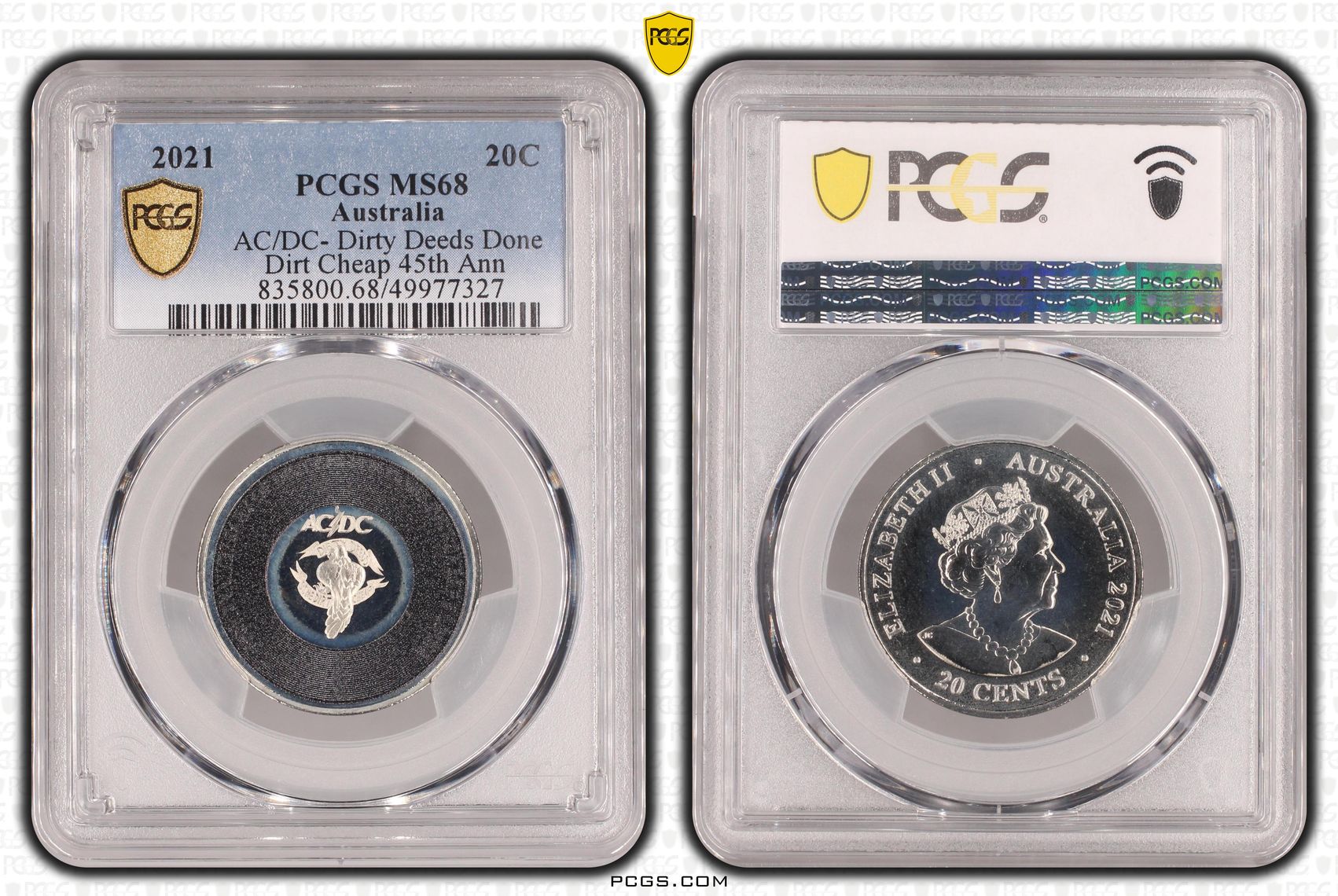 AC/DC- Dirty Deeds Done Dirt Cheap 45th Anniversary , Twenty Cent, 2021, PCGS MS68