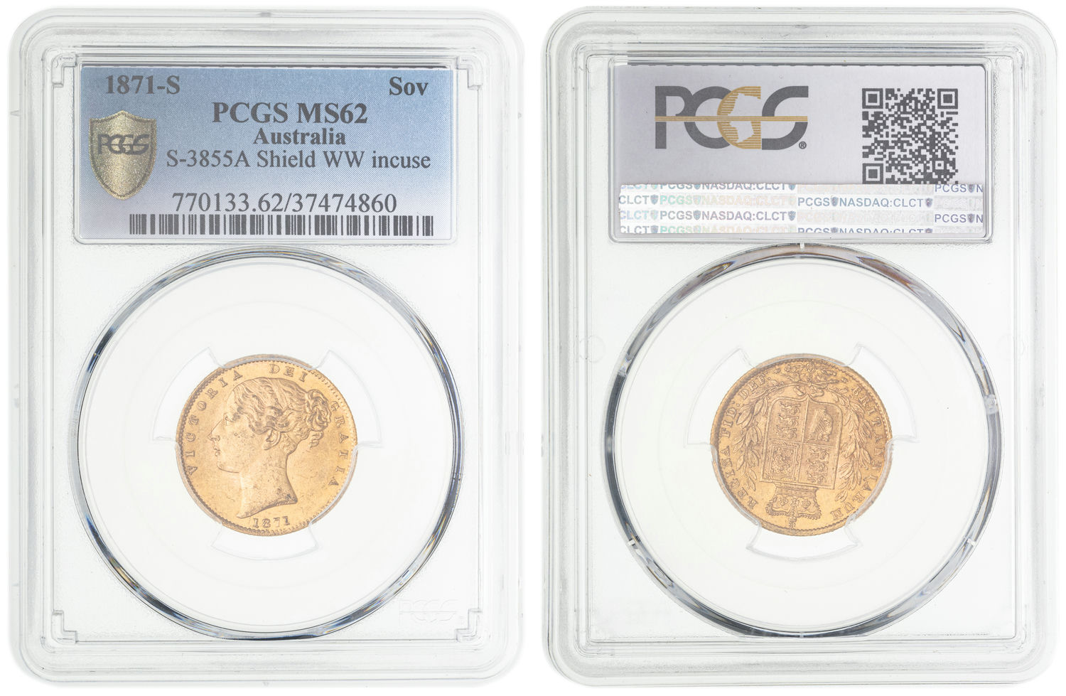 Victoria, Shield Reverse, Sovereign, 1871-S, PCGS MS62