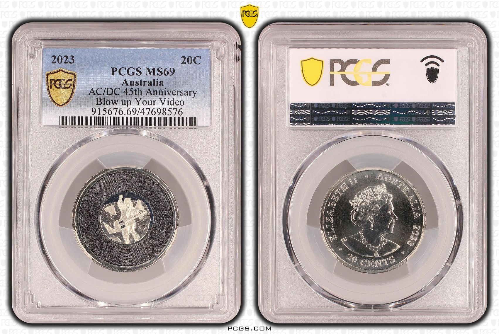 Elizabeth II, AC/DC 45th Anniversary - Blow up Your Video, Pop 19/0, Twenty Cent, 2023, PCGS MS69