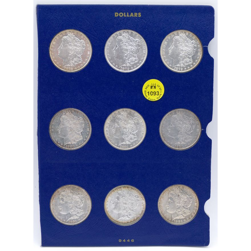 Sheet 9pc US Morgan Silver Dollars 1878-1882 AU or Better