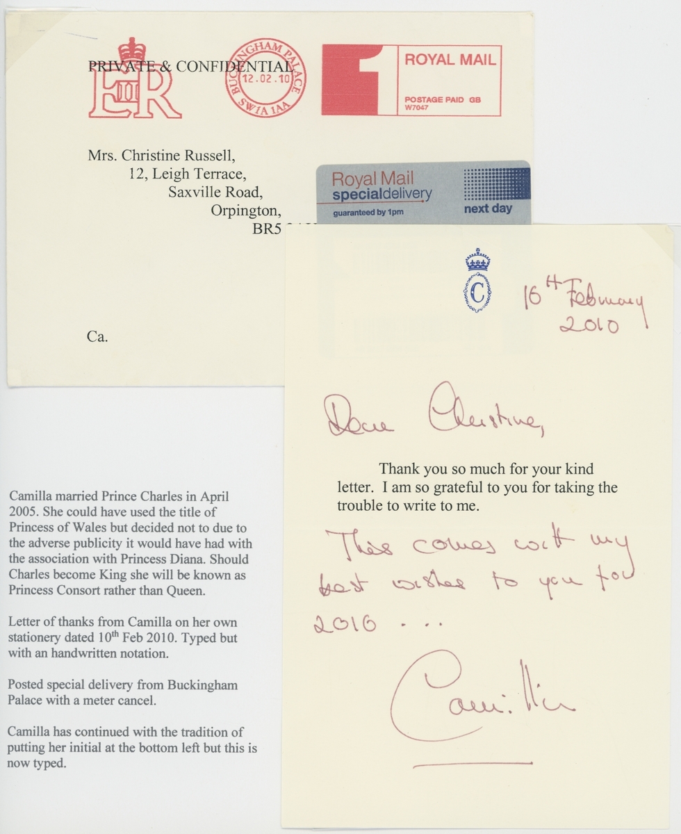 Great Britain Royalty Queen Camilla 2010 Letter written by the then ...