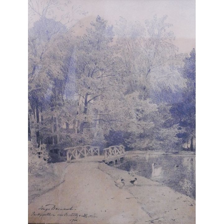 Hugo Darnaut Austrian Pond Scene Graphite on Paper Artwork Framed- 17x14''