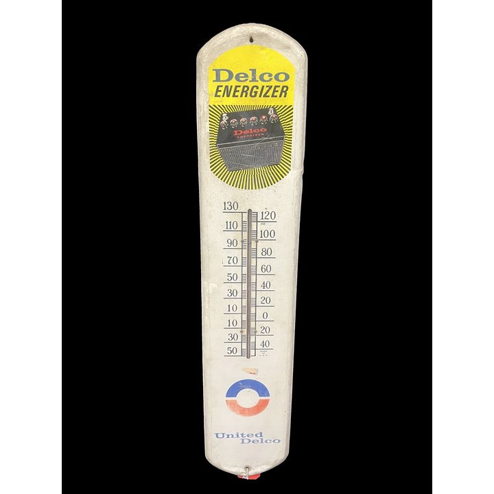 Delco Energizer Battery Tin Metal Thermometer