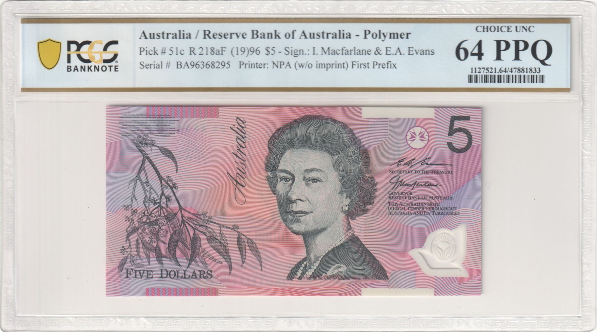 Macfarlane/ Evans, First Prefix, Five Dollar, 1996, PCGS Choice UNC 64 PPQ
