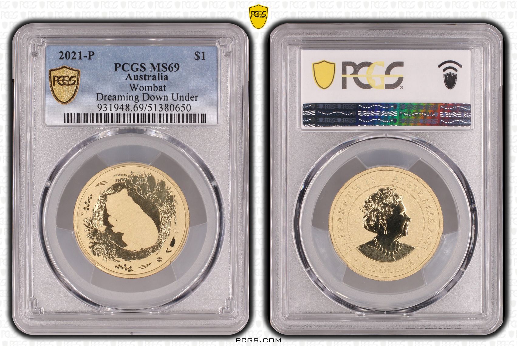 Wombat- Dreaming Down Under, One Dollar, 2021-P, PCGS MS69