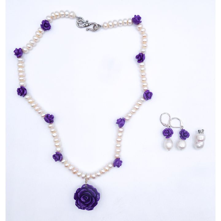 Box Pearl Purple Flower Necklace & Earring Set