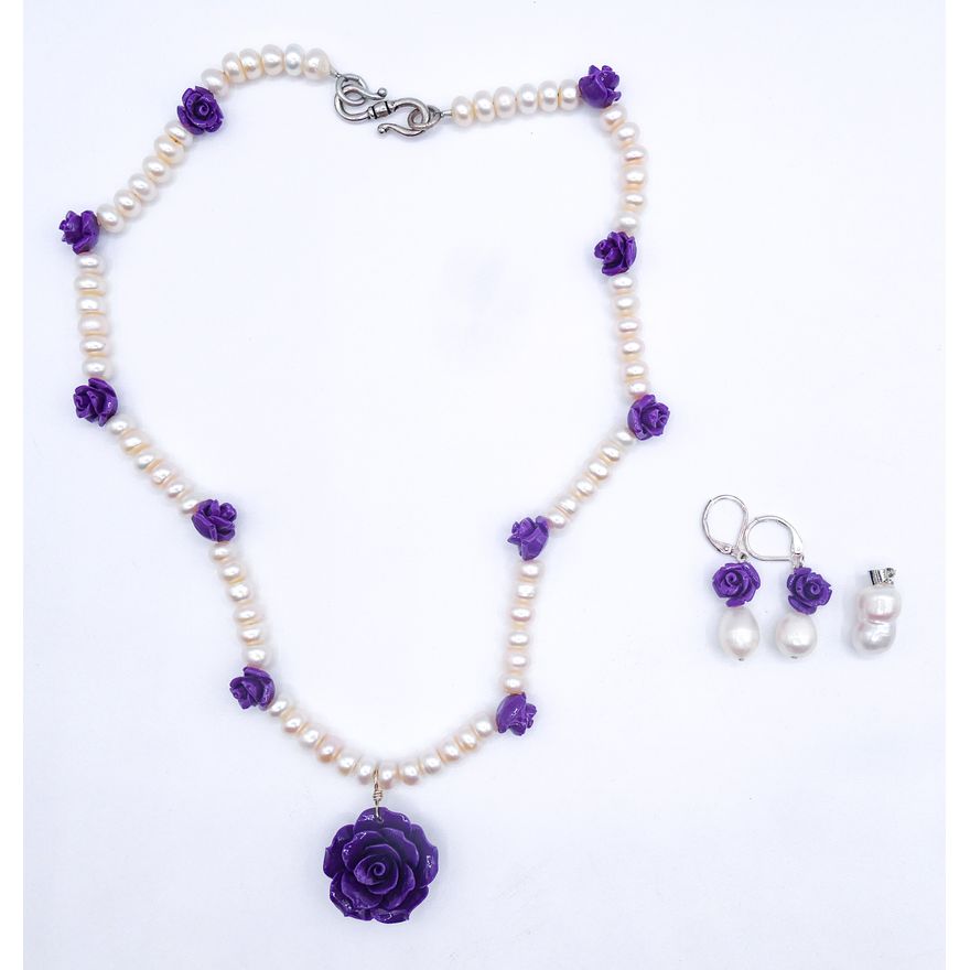 Box Pearl Purple Flower Necklace & Earring Set