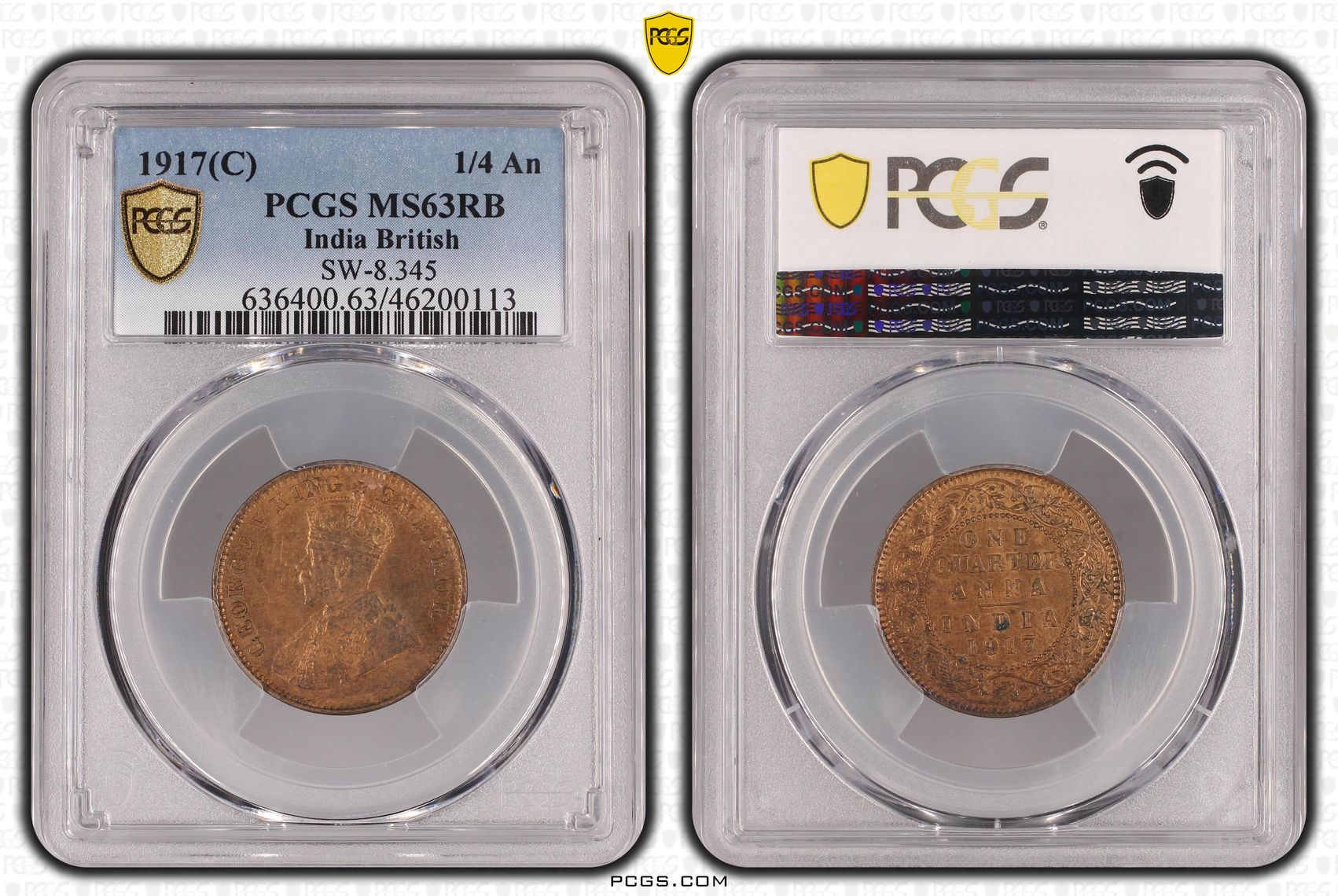 India British, SW-8.345, POP 1/0, One Fourth Anna, 1917(C), PCGS MS63RB