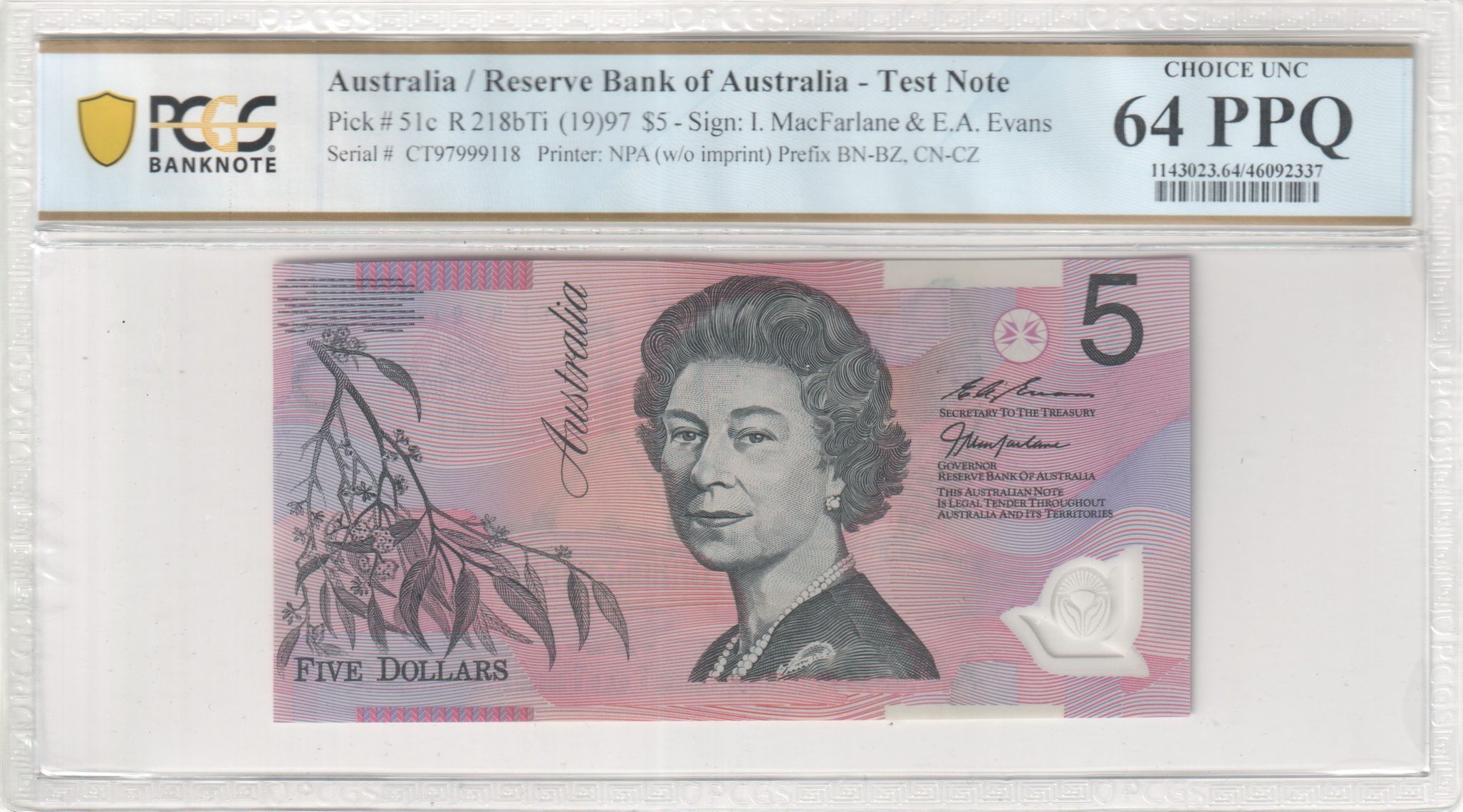 Macfarlane/ Evans, Prefix BN-BZ, CN-CZ, Five Dollar, 1997, PCGS Choice UNC 64 PPQ