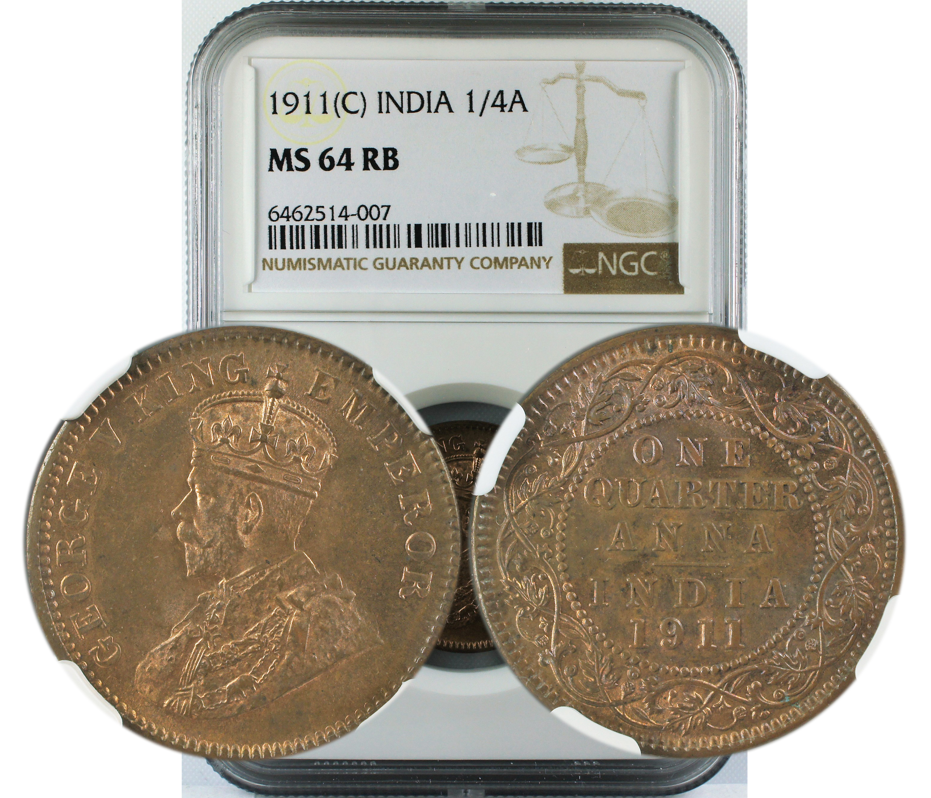 1911 C INDIA 1/4 ANNA MS64 RB
