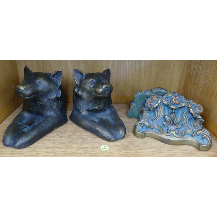 2 pairs Vintage Chalkware Figural Bookends- Husky & Flowers- 6'' approx