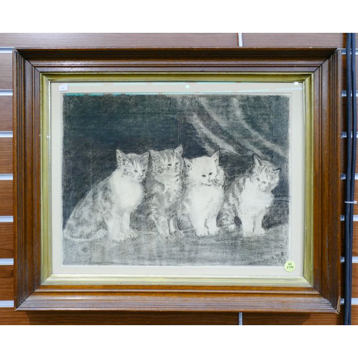 Antique Cats Graphite on Paper Framed- 18x22''