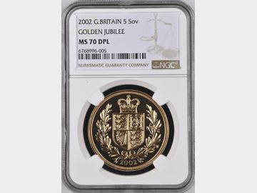 2002 ELIZABETH II GOLDEN JUBILEE 5 POUND MS70 DPL