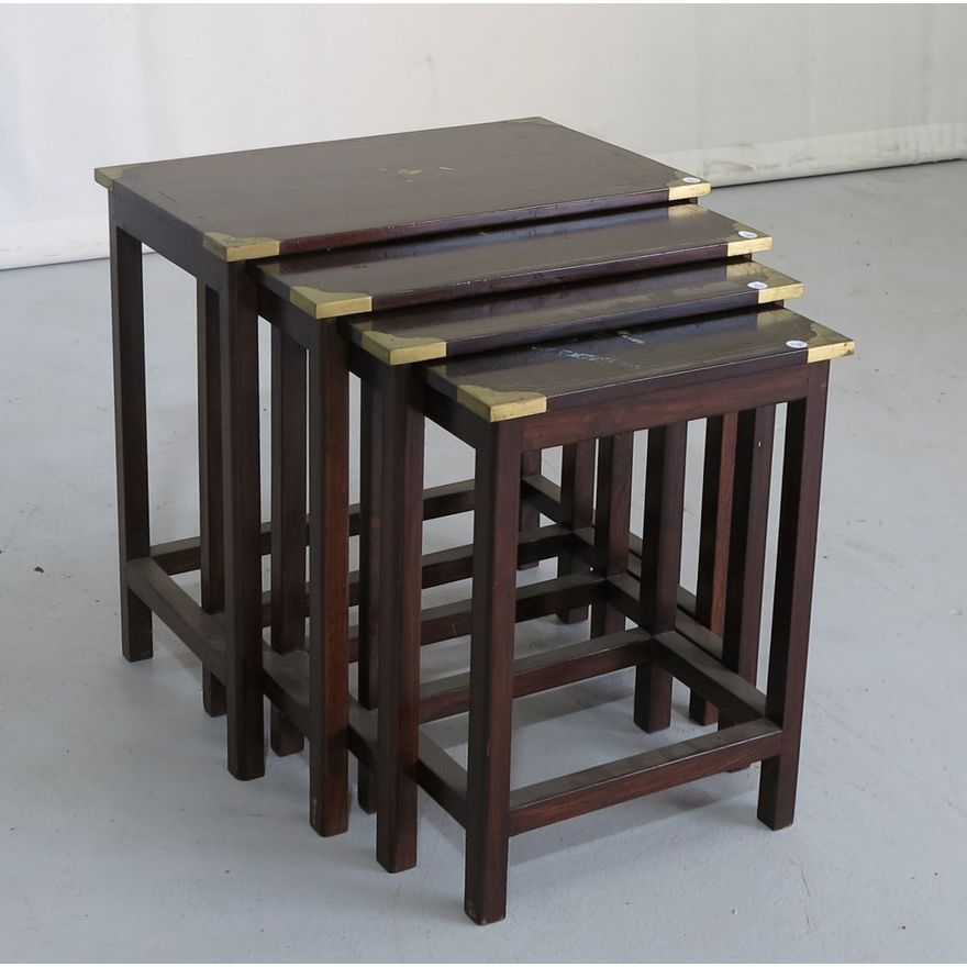NEST OF 4 BRASS INLAID ROSEWOOD TABLES