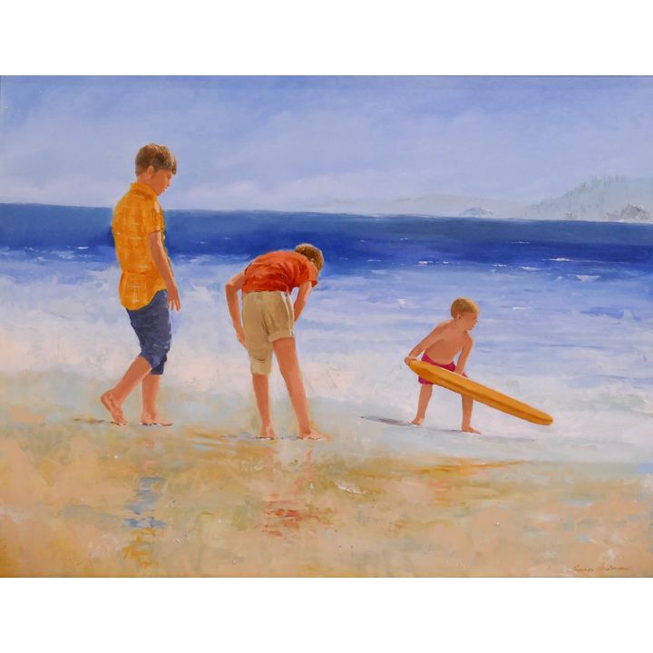 Gunnar Donald Anderson (b. 1927, California) Children at the Beach Oil Painting on Canvas.