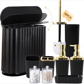 XLHOMO BLACK BATHROOM ACCESSORIES SET 9PCS, BATHROOM SETS WITH SLIM NARROW TRASH CAN WITH PRESS TOP LID, TOILET BRUSH, SOAP DISPEN