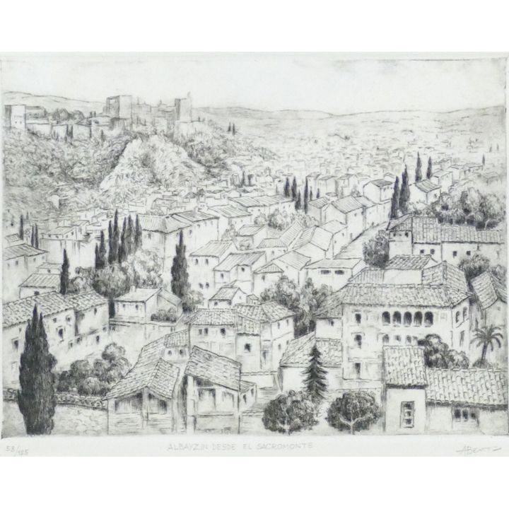 'Albayzin Desde el Sacromonte'' Signed Etching Framed 15''x17''.