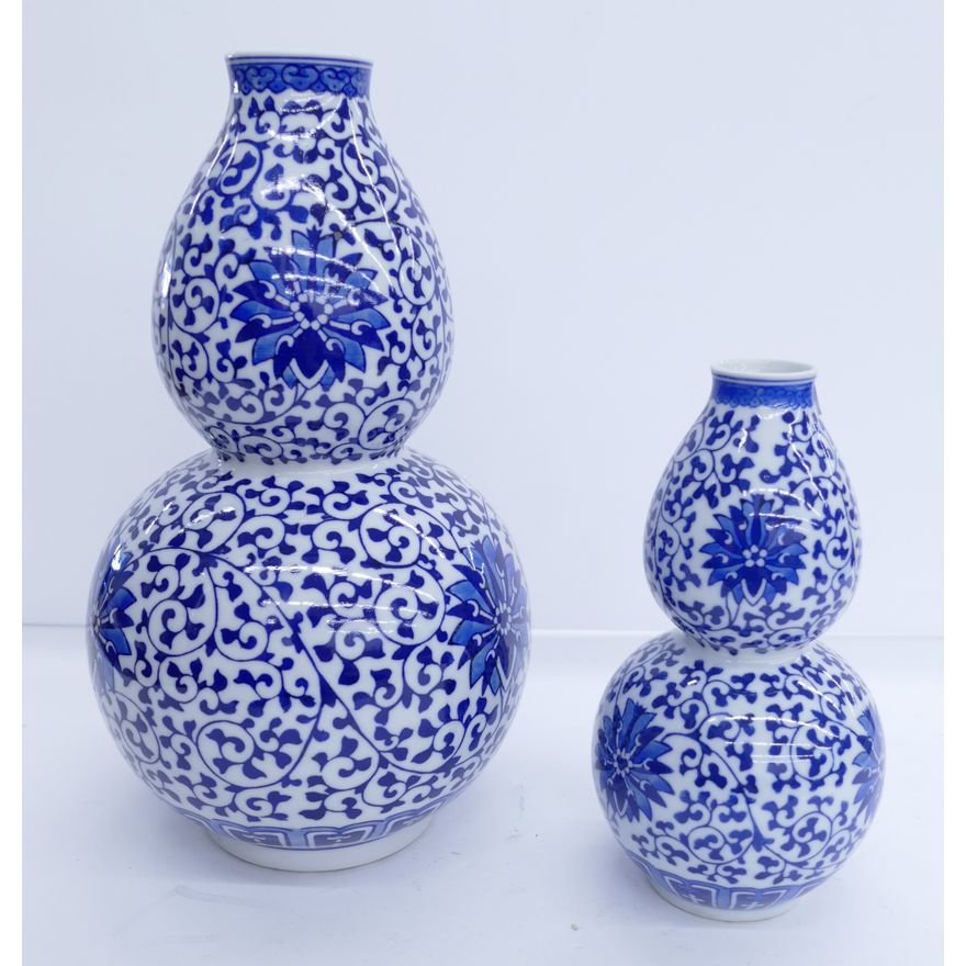 2pc Chinese Jingdezhen Porcelain Double Gourd Vases- 8'' and 11.5''