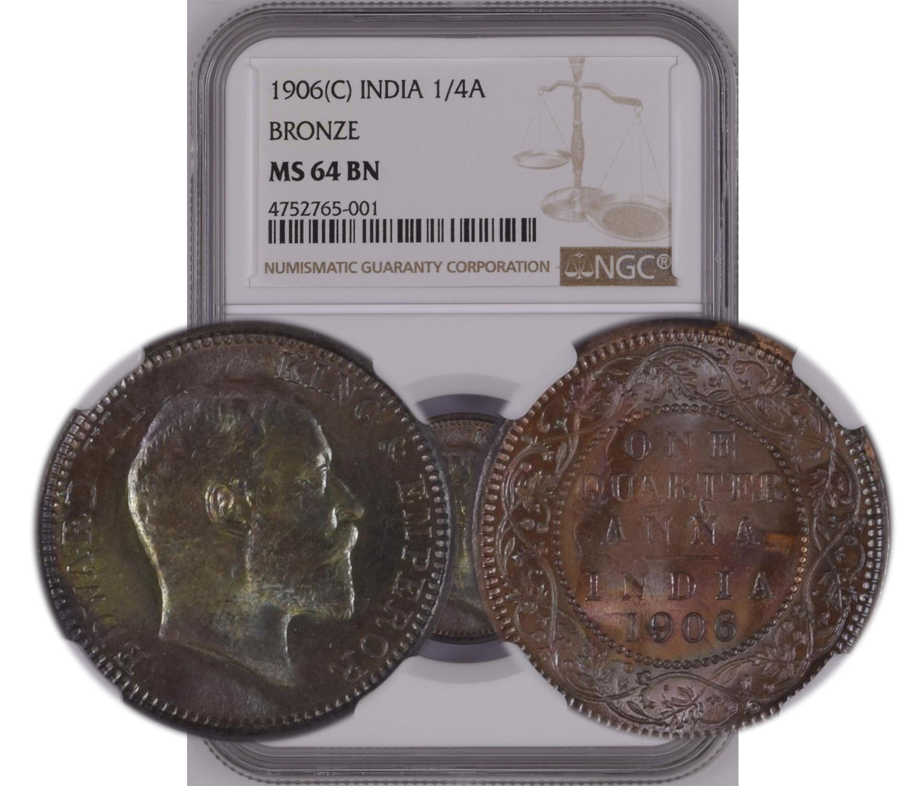 1906 C INDIA 1/4 ANNA BRONZE MS64 BN