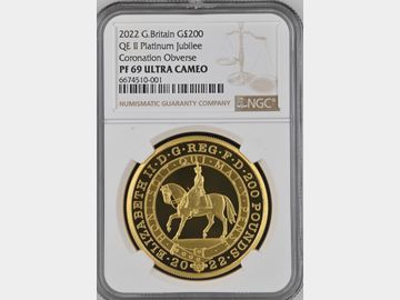 2022 PROOF 2oz GOLD 200 POUND ELIZABETH'S CORONATION PLATINUM JUBILEE PF69 UCAM