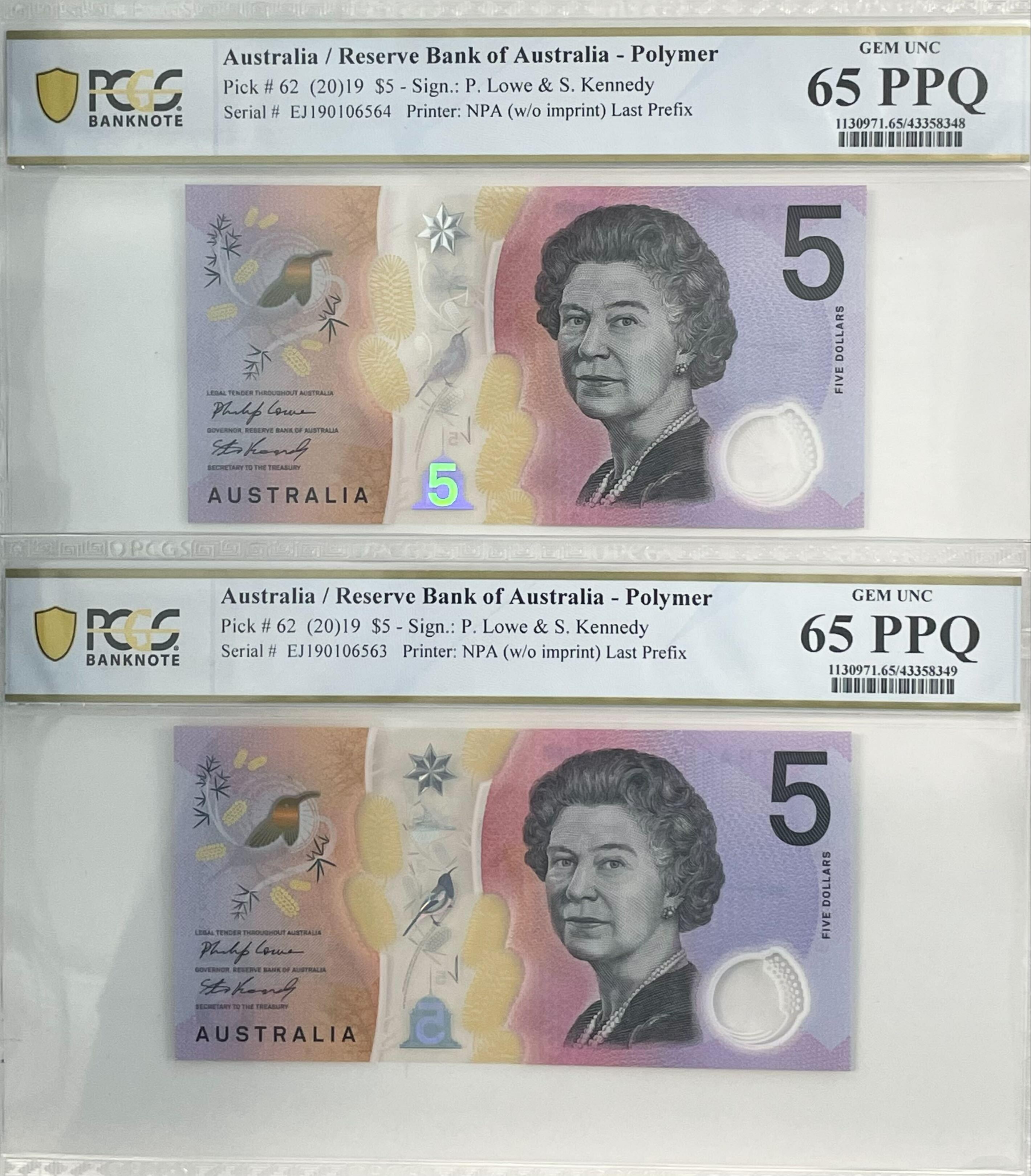 2019 $5 Lowe/Kennedy Gem Unc 65 PPQ Consecutive Pair Last Prefix